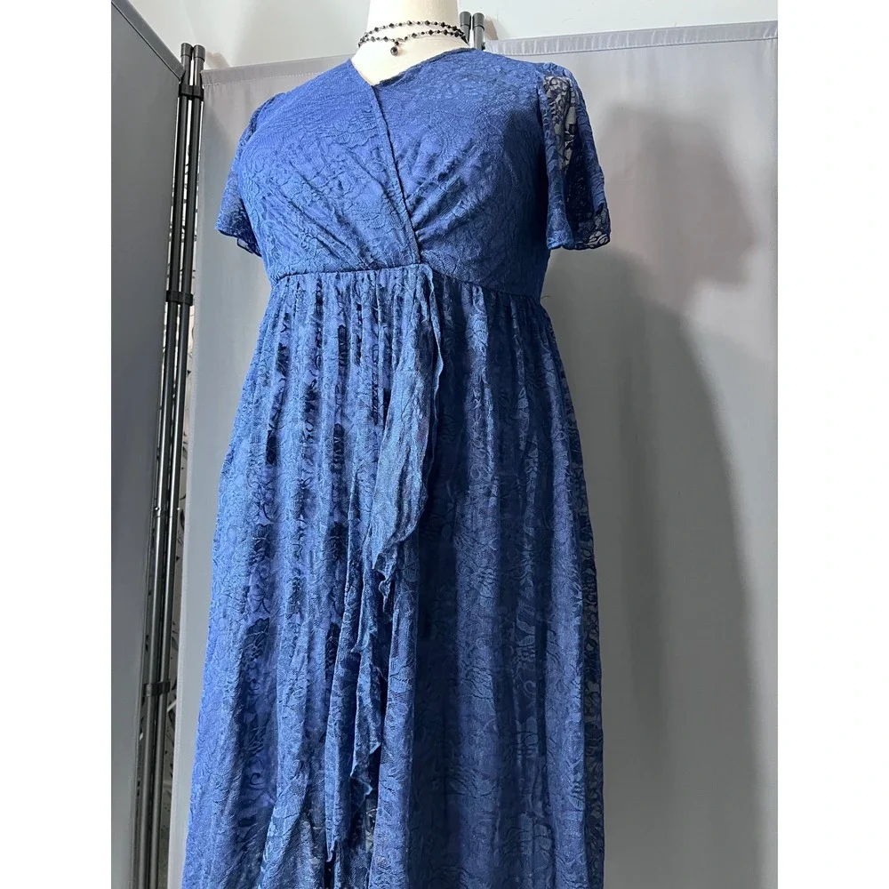 Royal Blue Floral Lace High-Low Faux Wrap Empire Waist Dress with Ruffle Detail - Picture 5 of 13